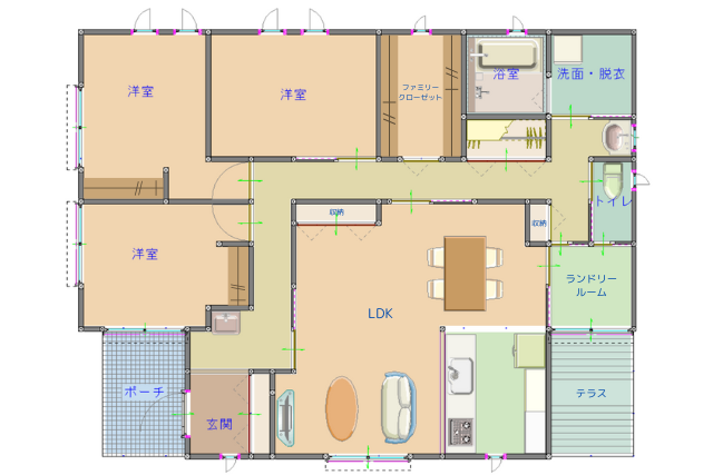 ランドリールームのある平屋の間取り図面