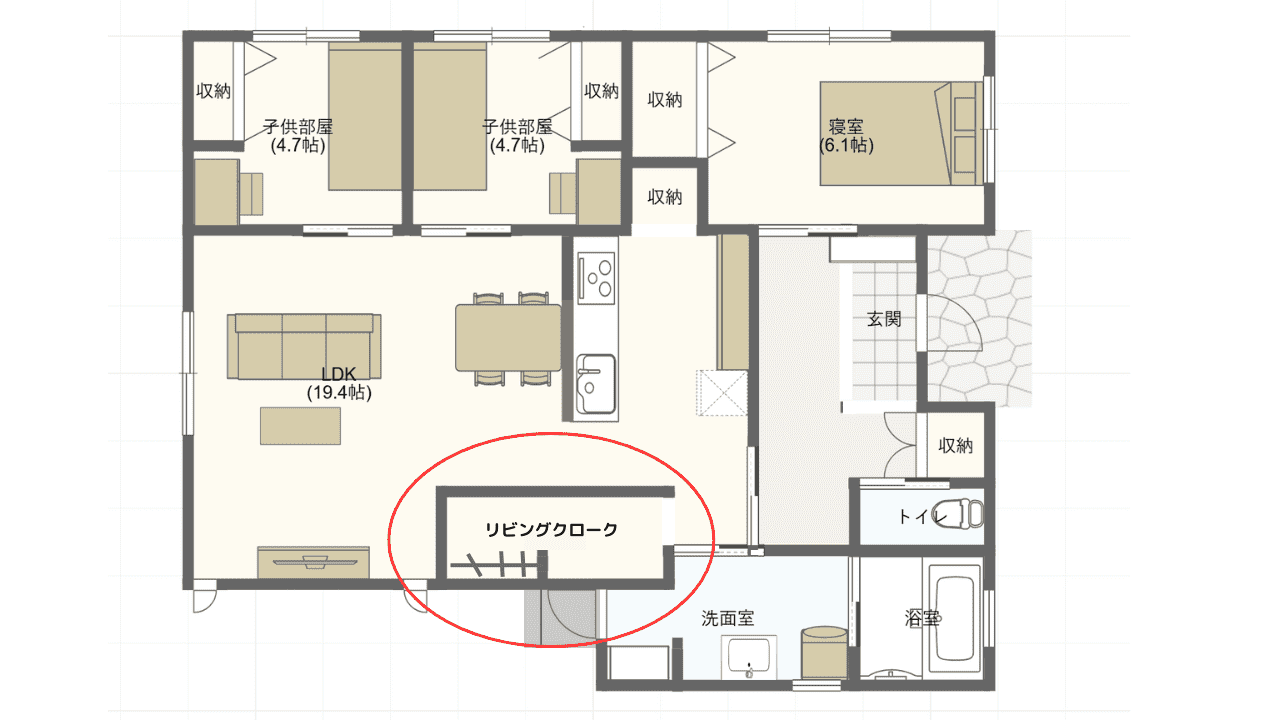 キッチンの近くにリビングクロークがある間取り図