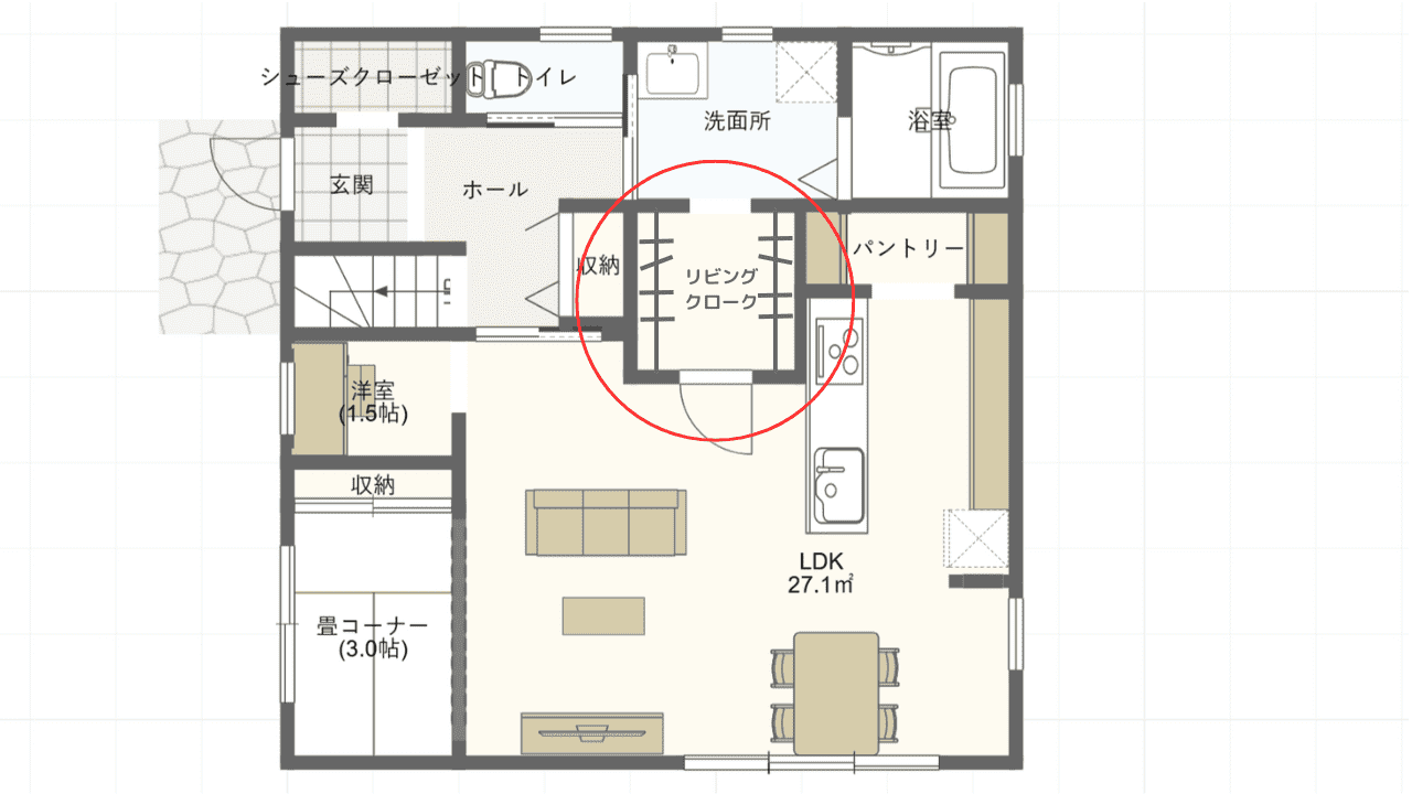 玄関からリビングへの動線上にリビングクロークがある間取り図